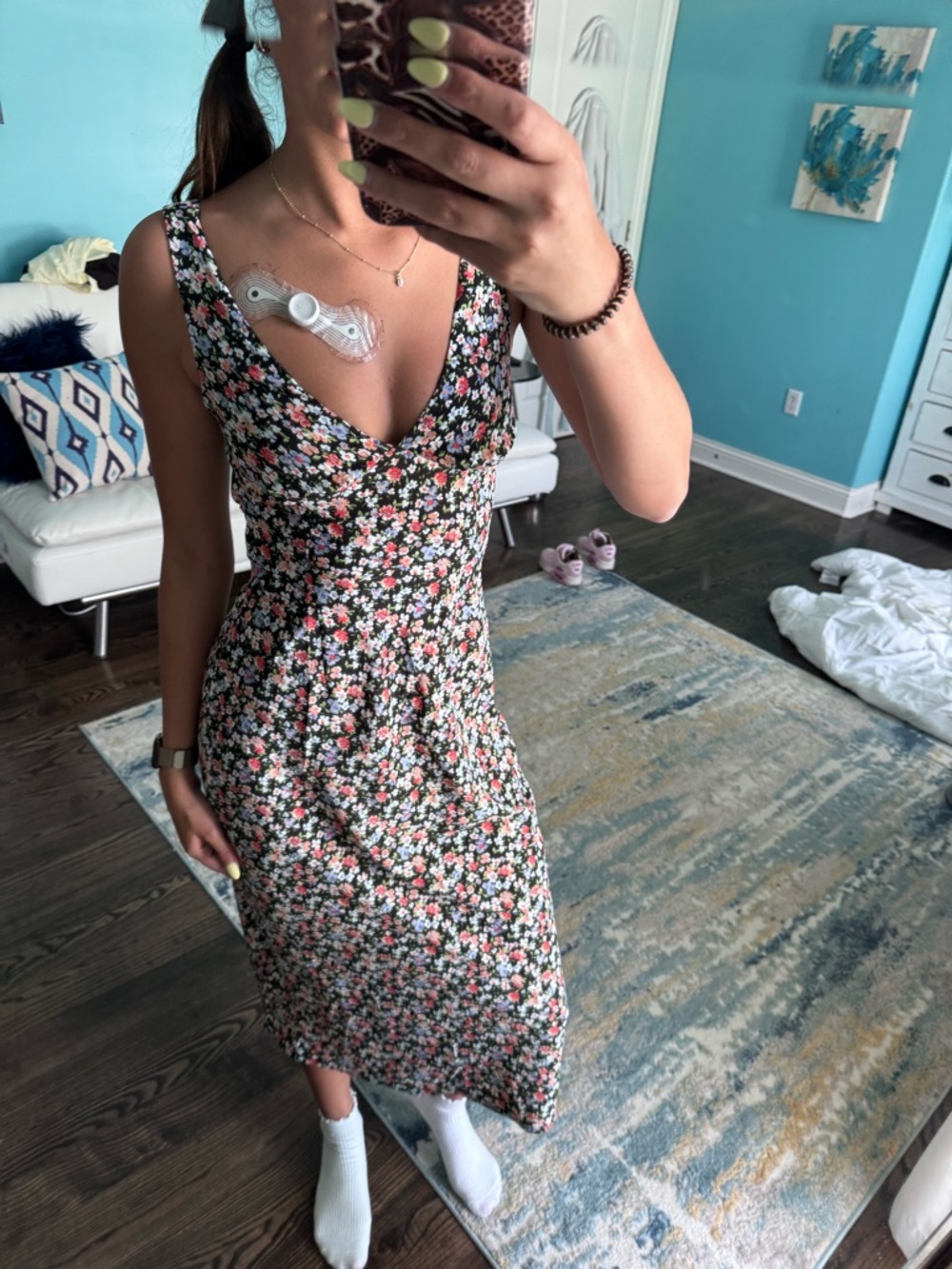 Princess Polly Black Midi Dress with Pink & White Floral Print